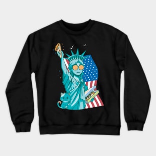 4th Of July, Statue of Liberty With U.S Flag and A lovely little Cat For National Pizza Day 2023 Crewneck Sweatshirt